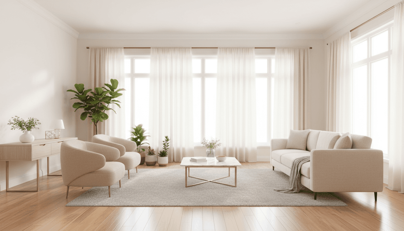 Bright, freshly cleaned living room with sunlight through windows