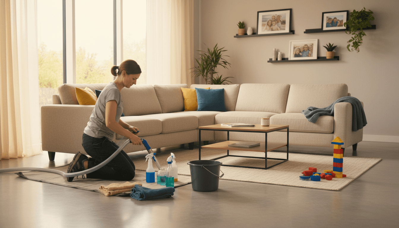 Cleaner pointing at baseboard while homeowner looks on in a bright living room