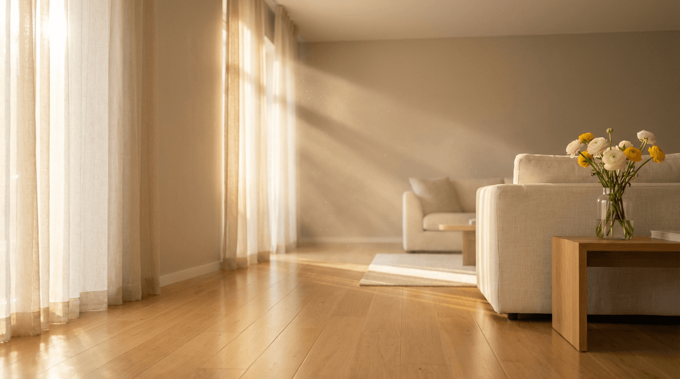 Freshly cleaned living room with bright natural light and spotless furniture