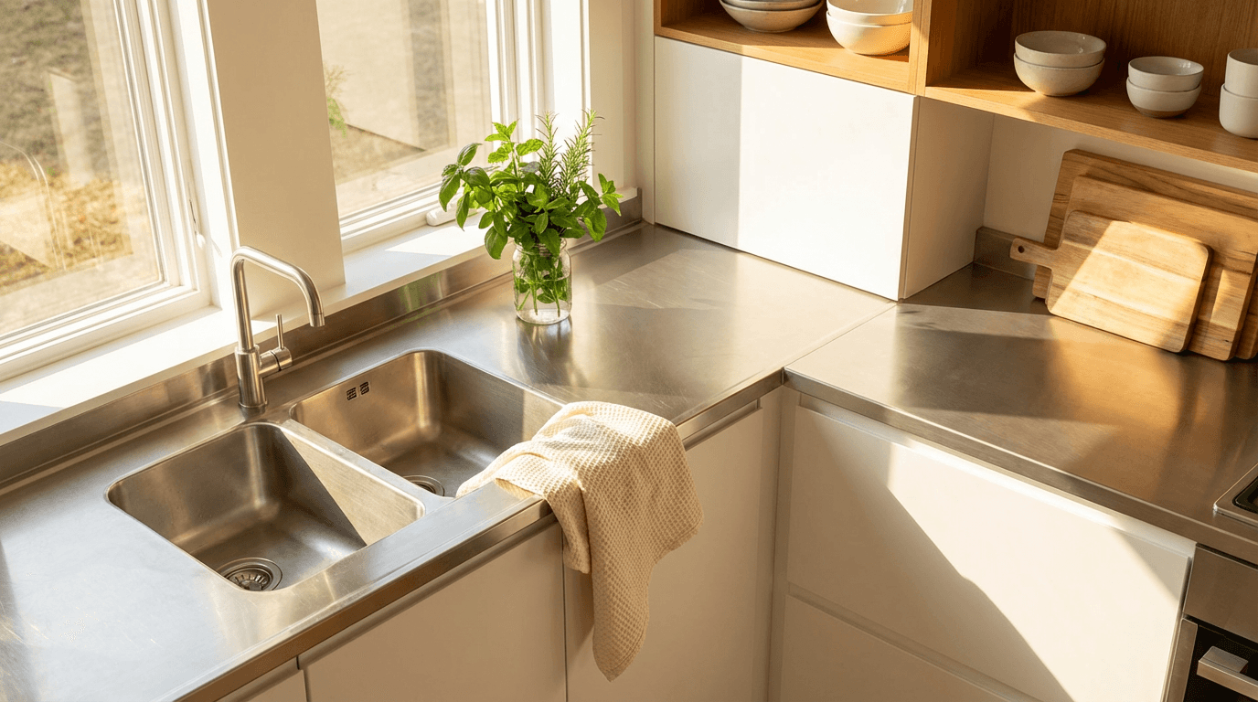 Cleaner wiping a bright kitchen counter with a microfiber cloth