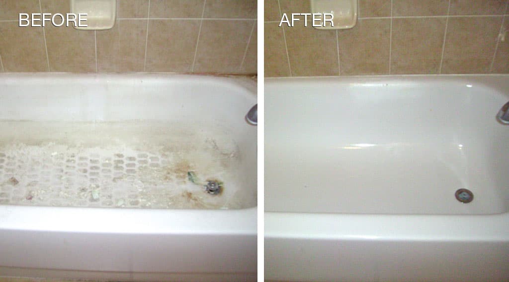 Comparison showing a heavily stained bathtub before and a sparkling clean white bathtub after.