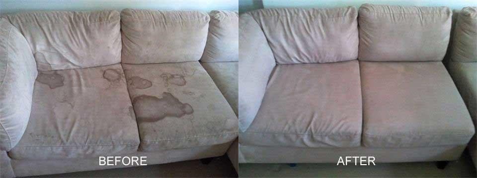 Side-by-side comparison of a beige sofa before and after professional upholstery cleaning and stain removal.