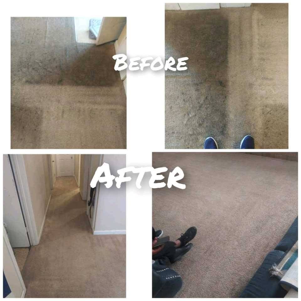 Before and after comparison showing professional cleaning results on heavily soiled and stained beige carpets.
