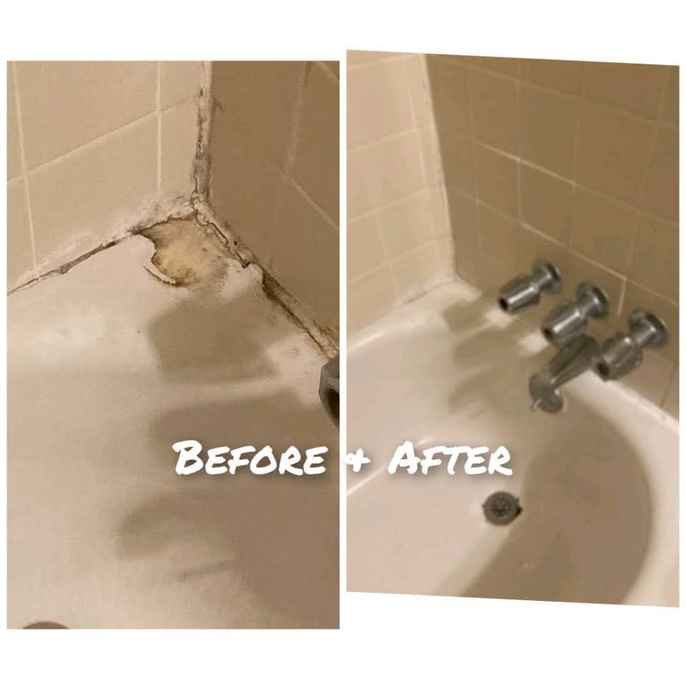 Before and after comparison of a moldy bathtub corner transformed with clean, fresh white caulking.