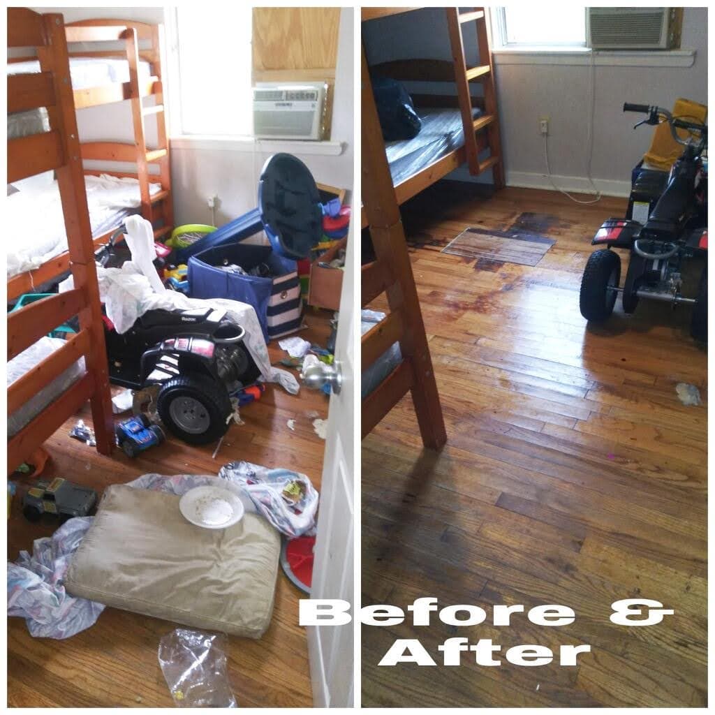 Side-by-side comparison of a messy bedroom with bunk beds before and after being cleaned.